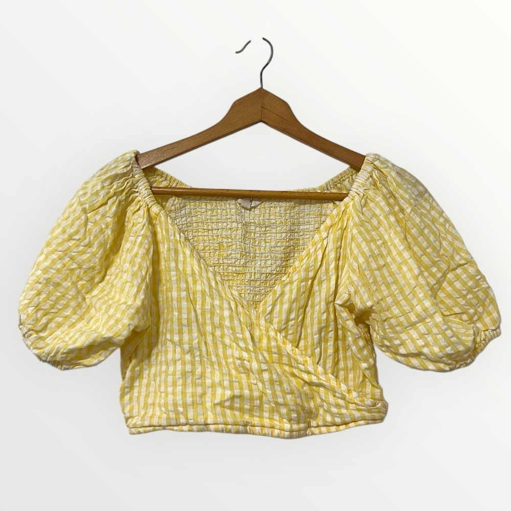 Sim & Sam Gingham Puff Sleeve Smocked Top Large Cropped picnic - Picture 2 of 6